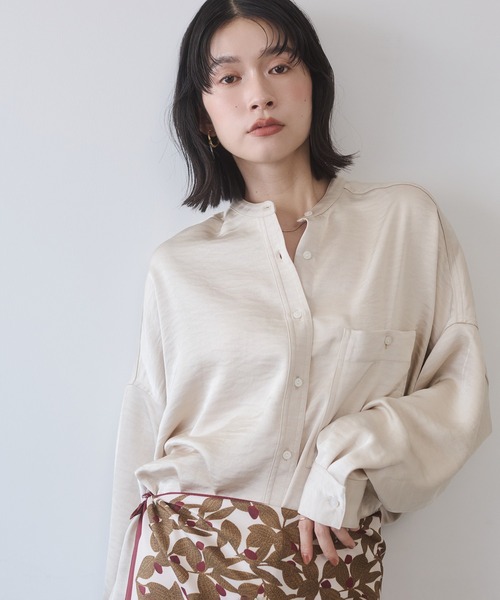 セール】マットサテン バンドカラー オーバーシャツ（シャツ/ブラウス