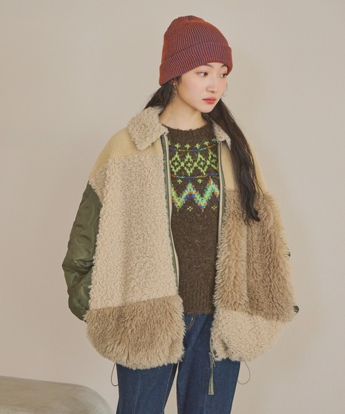 ニコアンド パッチワークボアブルゾン　カーキ パッチワークボアブルゾン（ブルゾン）｜niko and（ニコアンド）の