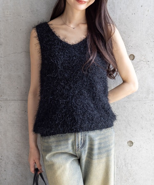 セール】シャギーニットベスト[オフィスカジュアル 着回し抜群