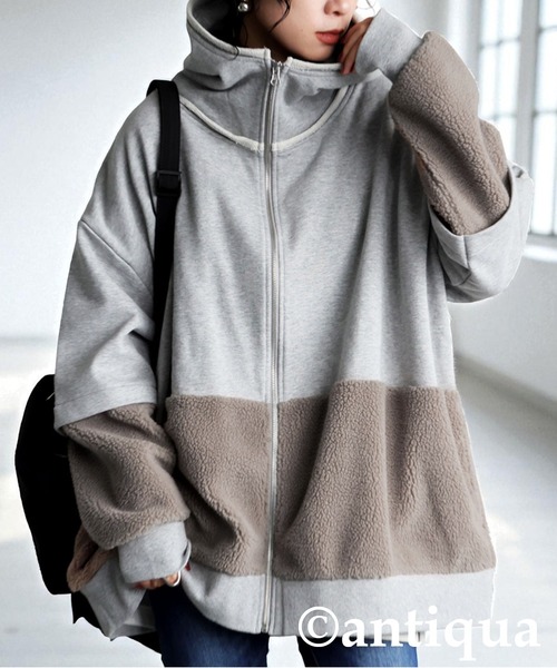 antiqua(アンティカ)の「裏毛×ボアパーカー(パーカー・レディース・ブラック/杢グレー・ONESIZE)」の1枚目の写真