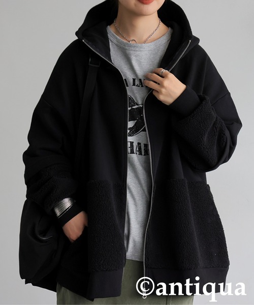antiqua(アンティカ)の「裏毛×ボアパーカー(パーカー・レディース・ブラック/杢グレー・ONESIZE)」の4枚目の写真
