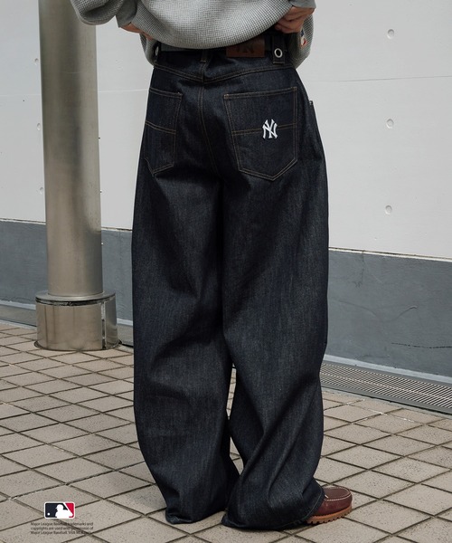 Perushu ペルーシュ リジットデニム ワイドデニム ブラック Perushu（ペルーシュ）の「Perushu × MLB コラボリジットデニムパンツ