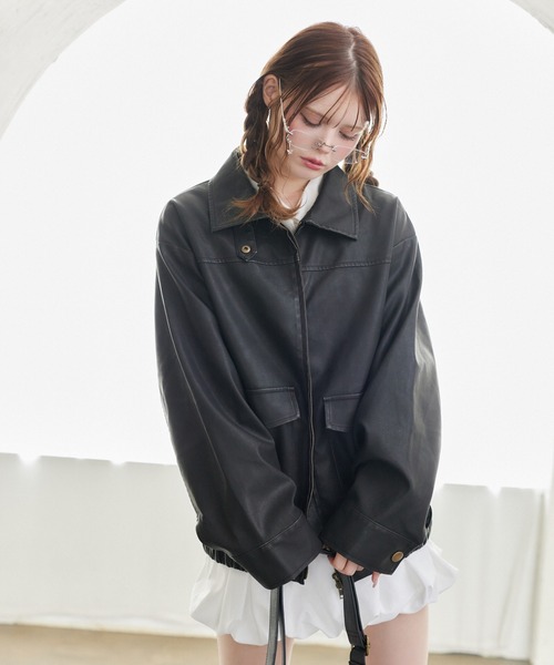 one after another NICE CLAUP(ワンアフターアナザーナイスクラップ)の「ミドルレザージャケット(ミリタリージャケット・レディース・ブラック/ベージュ/ブラウン・FREE)」の1枚目の写真