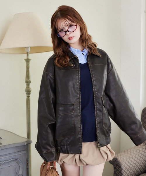 one after another NICE CLAUP(ワンアフターアナザーナイスクラップ)の「ミドルレザージャケット(ミリタリージャケット・レディース・ブラック/ベージュ/ブラウン・FREE)」の9枚目の写真