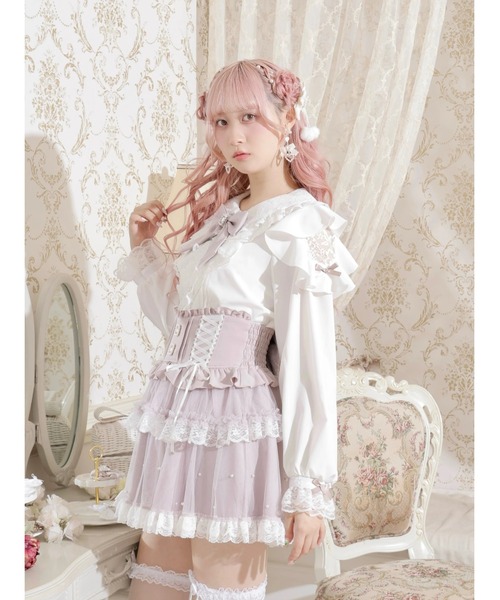 レースラッフルオープンショルダーブラウス（シャツ/ブラウス