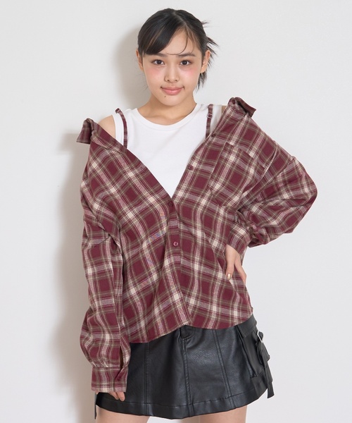 LOVETOXIC(ラブトキシック)の「2WAY長袖チェックシャツSET(シャツ/ブラウス・キッズ・ネイビー/エンジ/ブラウン/ブラック・L:160cm/S:140cm/M:150cm/130cm)」の4枚目の写真