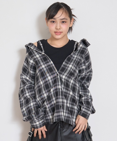 LOVETOXIC(ラブトキシック)の「2WAY長袖チェックシャツSET(シャツ/ブラウス・キッズ・ネイビー/エンジ/ブラウン/ブラック・L:160cm/S:140cm/M:150cm/130cm)」の2枚目の写真