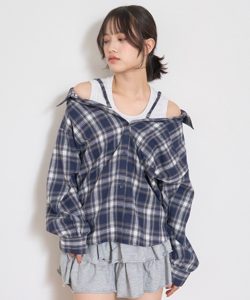 LOVETOXIC(ラブトキシック)の「2WAY長袖チェックシャツSET(シャツ/ブラウス・キッズ・ネイビー/エンジ/ブラウン/ブラック・L:160cm/S:140cm/M:150cm/130cm)」の22枚目の写真