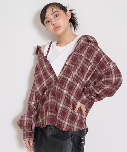 LOVETOXIC(ラブトキシック)の「2WAY長袖チェックシャツSET(シャツ/ブラウス・キッズ・ネイビー/エンジ/ブラウン/ブラック・L:160cm/S:140cm/M:150cm/130cm)」の6枚目の写真