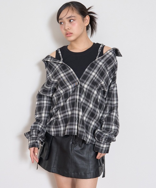 LOVETOXIC(ラブトキシック)の「2WAY長袖チェックシャツSET(シャツ/ブラウス・キッズ・ネイビー/エンジ/ブラウン/ブラック・L:160cm/S:140cm/M:150cm/130cm)」の5枚目の写真