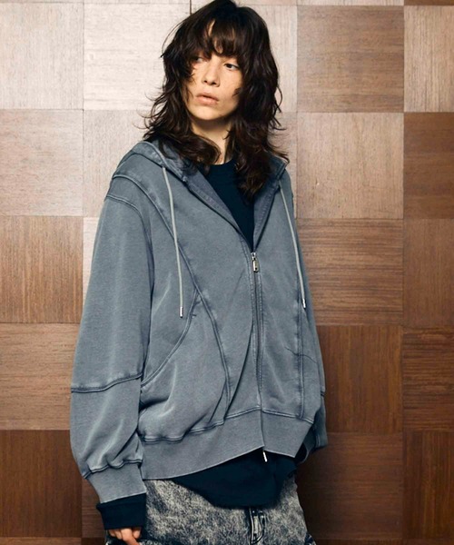 UNISEX》Piping Switching Prime-Over Pigment-dye ZIP Hoodie