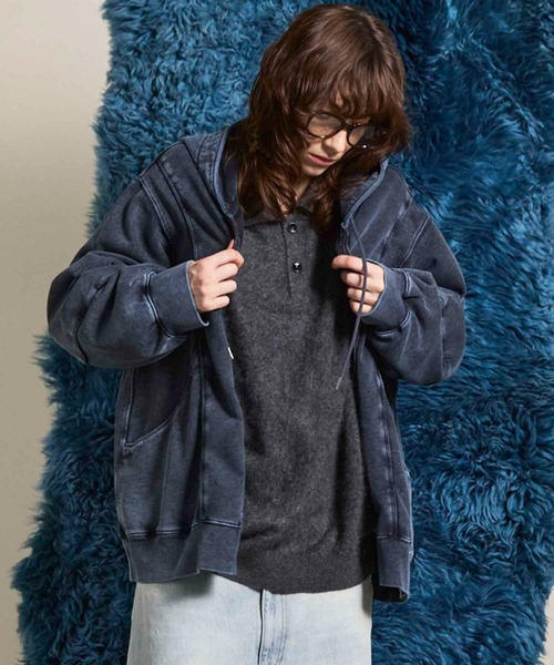 UNISEX》Piping Switching Prime-Over Pigment-dye ZIP Hoodie