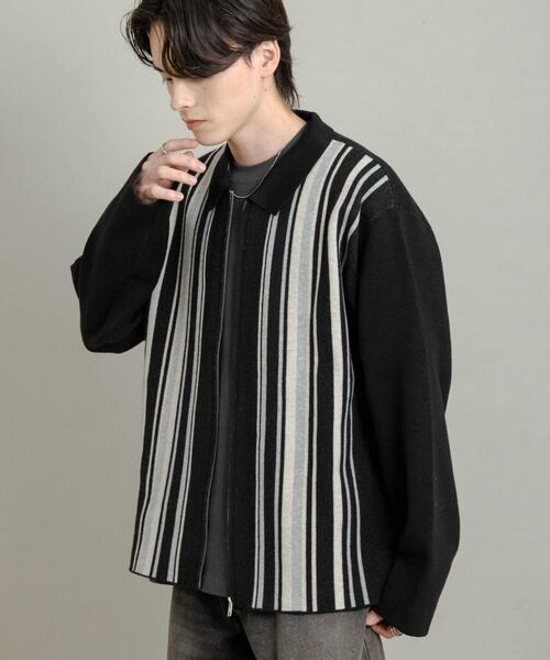 BRIEFING 黒白ストライプ ニットセーター 軽量ストレッチ ストライプZIPニットシャツ（ニット/セーター）｜SENSE OF PLACE by