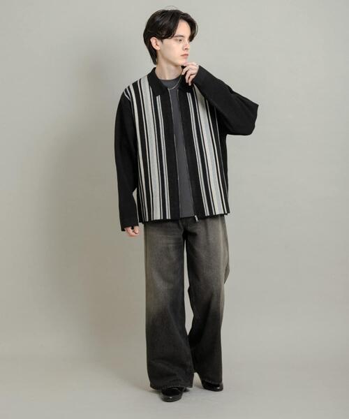 FANTASTICS　ニットシャツ ニットシャツ(裄詰不可) ストライプ グレー ニット 吸水速乾 KAZAC