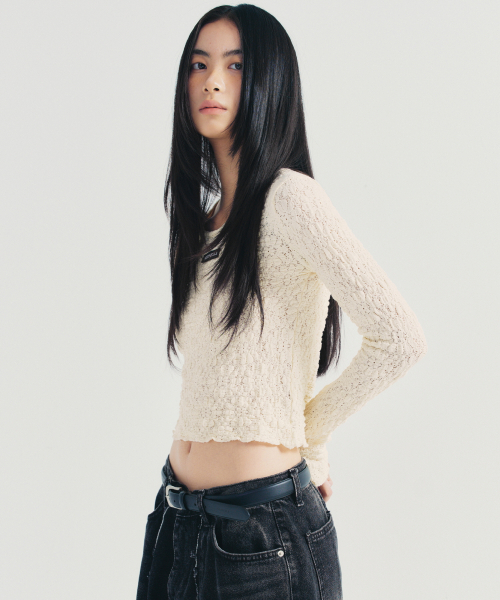 NICK&NICOLE（ニックアンドニコール）の「CRINKLE LACE CROP SLIM TOP_CREAM（Tシャツ/カットソー・レディース・その他・FREE）」の2枚目の写真