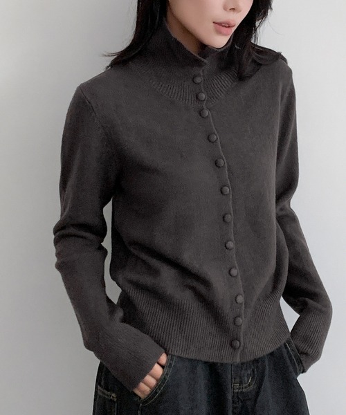 セール】ハイネック ニットカーディガン 長袖 トップス 秋冬 キレイめ