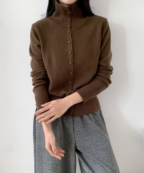 LOWO（ロワ）の「ハイネック ニットカーディガン 長袖 トップス 秋冬 キレイめ 秋（カーディガン/ボレロ・レディース・チャコールグレー/ベージュ/ライトグレー/ブラウン/ブラック・FREE）」の12枚目の写真