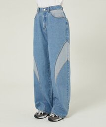カーブド切り替えリバースデニムパンツライトブルー