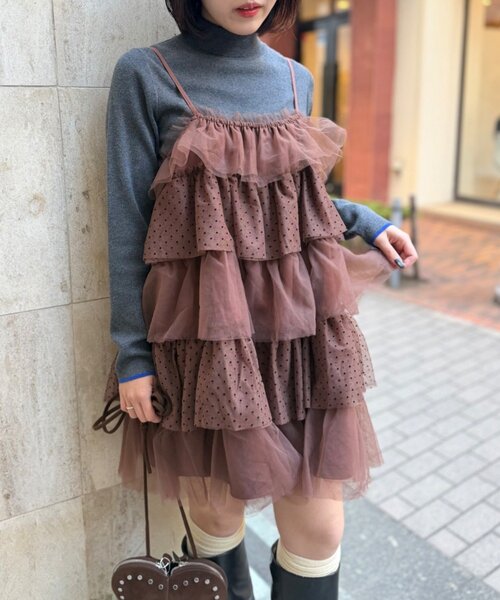 w closet（ダブルクローゼット）の「ドットチュールミニキャミワンピ（シャツ/ブラウス・レディース・ブラウン/オフホワイト/ブラック・FREE）」の3枚目の写真