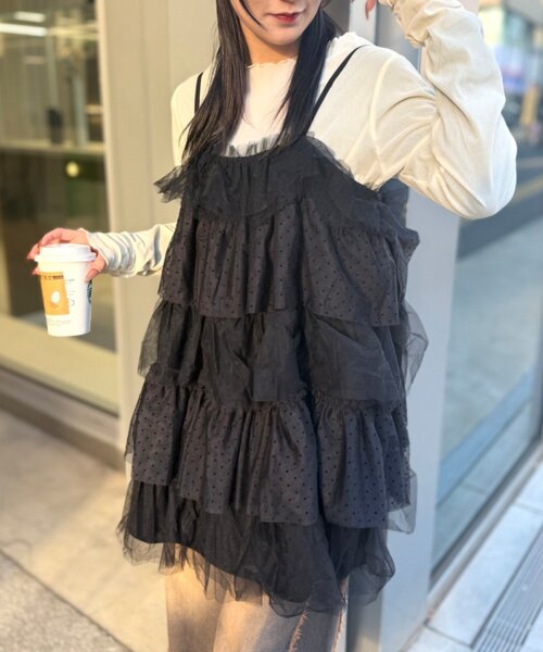 w closet（ダブルクローゼット）の「ドットチュールミニキャミワンピ（シャツ/ブラウス・レディース・ブラウン/オフホワイト/ブラック・FREE）」の2枚目の写真