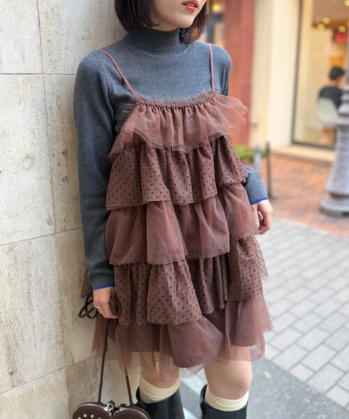 w closet（ダブルクローゼット）の「ドットチュールミニキャミワンピ（シャツ/ブラウス・レディース・ブラウン/オフホワイト/ブラック・FREE）」の20枚目の写真