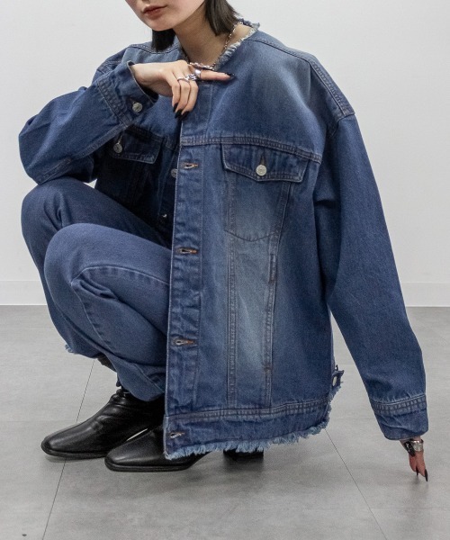 セール】ノーカラーBIGデニムジャケット（デニムジャケット
