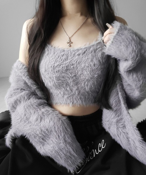 me+em select（ミームセレクト）の「【 ２点セット 】シャギーニットショートキャミソール ＋ オーバーカーディガンセット ／ shaggy knit short camisole + over cardigan SET（アンサンブル・レディース・ブラック/グレー/ホワイト・FREE）」の3枚目の写真
