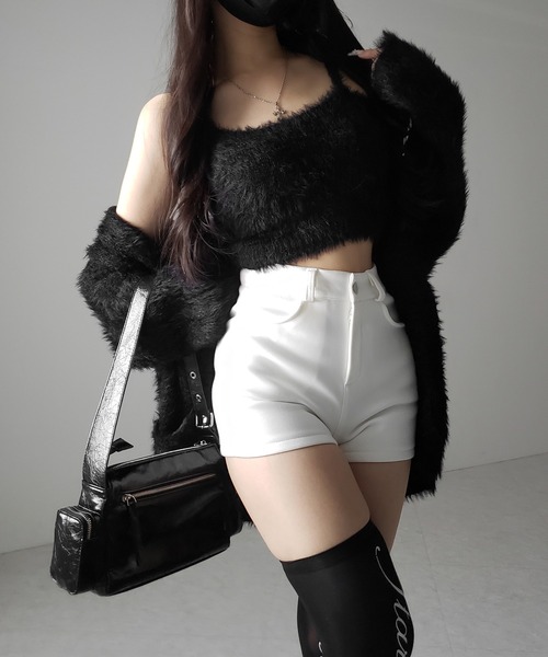 me+em select（ミームセレクト）の「【 ２点セット 】シャギーニットショートキャミソール ＋ オーバーカーディガンセット ／ shaggy knit short camisole + over cardigan SET（アンサンブル・レディース・ブラック/グレー/ホワイト・FREE）」の5枚目の写真