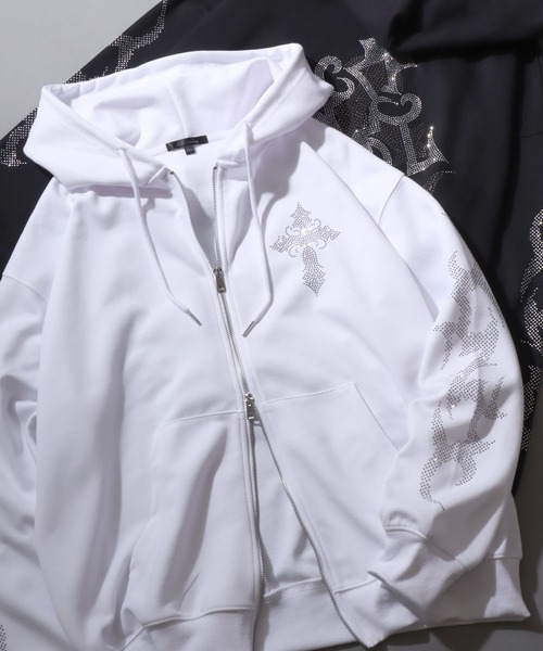 SITRY（シトリー）の「Cross ＆ Trival Logo Rinestone Sweat Zip Hoodie/クロスロゴ トライバルロゴ ラインストーン オーバーサイズ ショート丈 ダブルジップ ポンチ フルジップパーカー フーディー パーカー スウェット レディース メンズ（パーカー・メンズ・ホワイト/ブラック・M/L）」の2枚目の写真