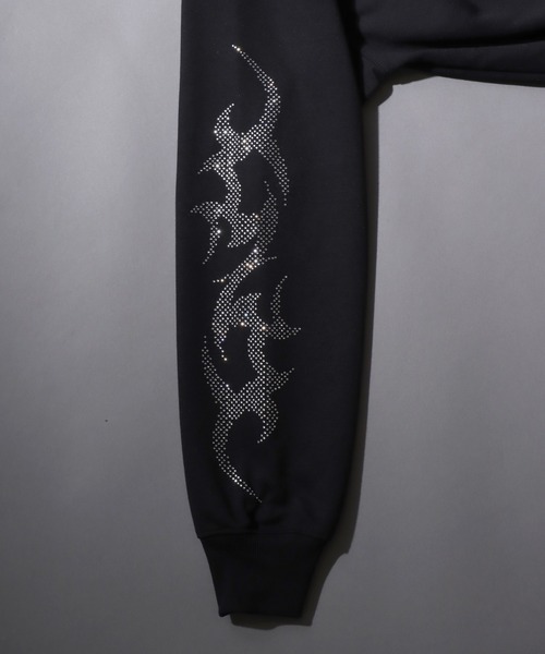 SITRY（シトリー）の「Cross ＆ Trival Logo Rinestone Sweat Zip Hoodie/クロスロゴ トライバルロゴ ラインストーン オーバーサイズ ショート丈 ダブルジップ ポンチ フルジップパーカー フーディー パーカー スウェット レディース メンズ（パーカー・メンズ・ホワイト/ブラック・M/L）」の5枚目の写真