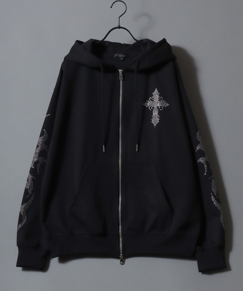SITRY（シトリー）の「Cross ＆ Trival Logo Rinestone Sweat Zip Hoodie/クロスロゴ トライバルロゴ ラインストーン オーバーサイズ ショート丈 ダブルジップ ポンチ フルジップパーカー フーディー パーカー スウェット レディース メンズ（パーカー・メンズ・ホワイト/ブラック・M/L）」の15枚目の写真