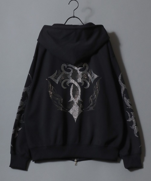 SITRY（シトリー）の「Cross ＆ Trival Logo Rinestone Sweat Zip Hoodie/クロスロゴ トライバルロゴ ラインストーン オーバーサイズ ショート丈 ダブルジップ ポンチ フルジップパーカー フーディー パーカー スウェット レディース メンズ（パーカー・メンズ・ホワイト/ブラック・M/L）」の16枚目の写真