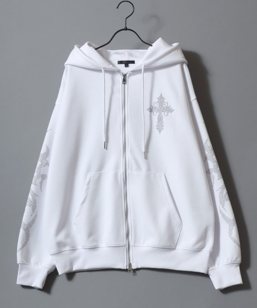 SITRY（シトリー）の「Cross ＆ Trival Logo Rinestone Sweat Zip Hoodie/クロスロゴ トライバルロゴ ラインストーン オーバーサイズ ショート丈 ダブルジップ ポンチ フルジップパーカー フーディー パーカー スウェット レディース メンズ（パーカー・メンズ・ホワイト/ブラック・M/L）」の13枚目の写真