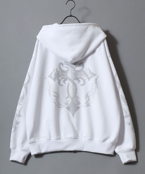 SITRY（シトリー）の「Cross ＆ Trival Logo Rinestone Sweat Zip Hoodie/クロスロゴ トライバルロゴ ラインストーン オーバーサイズ ショート丈 ダブルジップ ポンチ フルジップパーカー フーディー パーカー スウェット レディース メンズ（パーカー・メンズ・ホワイト/ブラック・M/L）」の14枚目の写真