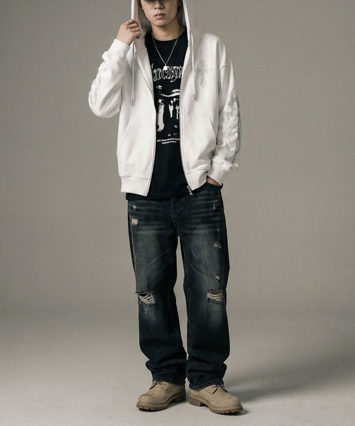 SITRY（シトリー）の「Cross ＆ Trival Logo Rinestone Sweat Zip Hoodie/クロスロゴ トライバルロゴ ラインストーン オーバーサイズ ショート丈 ダブルジップ ポンチ フルジップパーカー フーディー パーカー スウェット レディース メンズ（パーカー・メンズ・ホワイト/ブラック・M/L）」の10枚目の写真