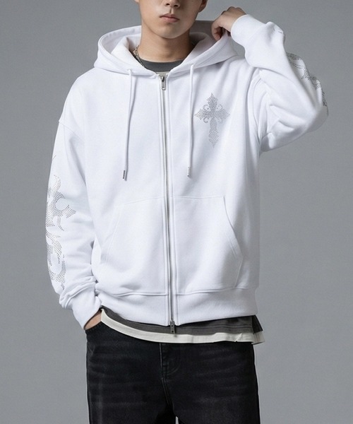 SITRY（シトリー）の「Cross ＆ Trival Logo Rinestone Sweat Zip Hoodie/クロスロゴ トライバルロゴ ラインストーン オーバーサイズ ショート丈 ダブルジップ ポンチ フルジップパーカー フーディー パーカー スウェット レディース メンズ（パーカー・メンズ・ホワイト/ブラック・M/L）」の9枚目の写真