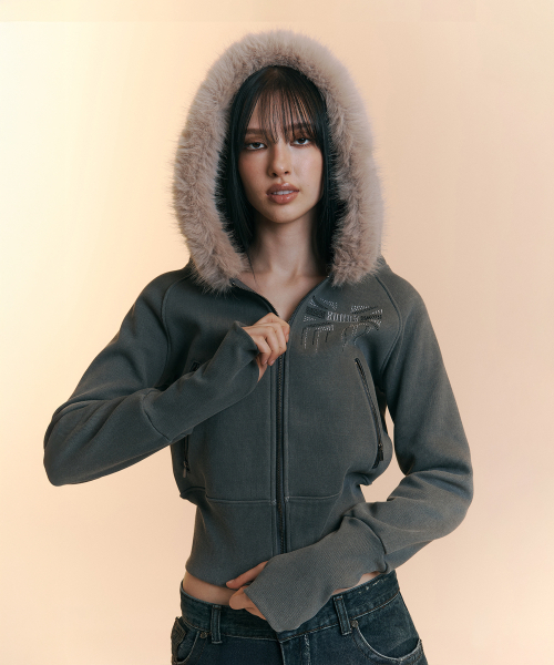 Becky Fur Hoodie Jacket (Charcoal) — тЁмно-серый меховой худи-жакет Becky