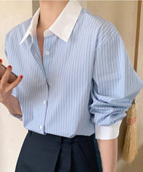SallyLunn(サリーラン)の「マルチストライプシャツ(シャツ/ブラウス・レディース・ブルー/ピンク・MEDIUM/LARGE)」の1枚目の写真