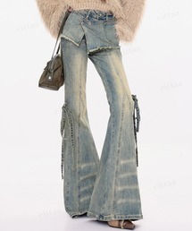 Dalfwin | 韓国ファッション リボンデザインレイヤードフレアデニムパンツ(デニムパンツ)