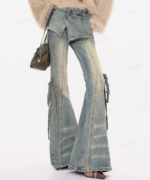 Dalfwin(ダールフィン)の「韓国ファッション リボンデザインレイヤードフレアデニムパンツ(デニムパンツ・レディース・ブルー/ブラック・LARGE/MEDIUM/SMALL)」の1枚目の写真