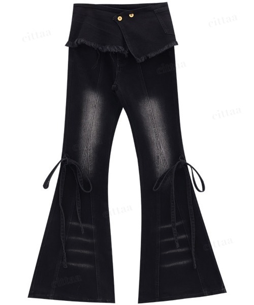 Dalfwin(ダールフィン)の「韓国ファッション リボンデザインレイヤードフレアデニムパンツ(デニムパンツ・レディース・ブルー/ブラック・LARGE/MEDIUM/SMALL)」の4枚目の写真