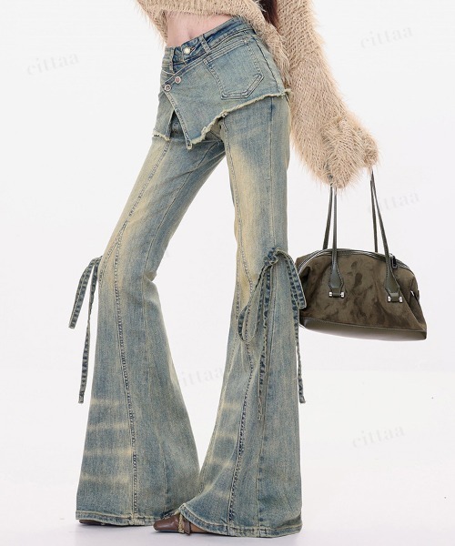 Dalfwin(ダールフィン)の「韓国ファッション リボンデザインレイヤードフレアデニムパンツ(デニムパンツ・レディース・ブルー/ブラック・LARGE/MEDIUM/SMALL)」の9枚目の写真