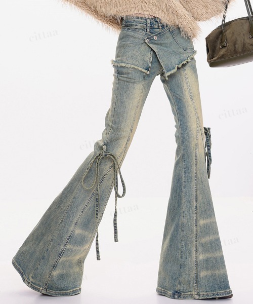 Dalfwin(ダールフィン)の「韓国ファッション リボンデザインレイヤードフレアデニムパンツ(デニムパンツ・レディース・ブルー/ブラック・LARGE/MEDIUM/SMALL)」の10枚目の写真