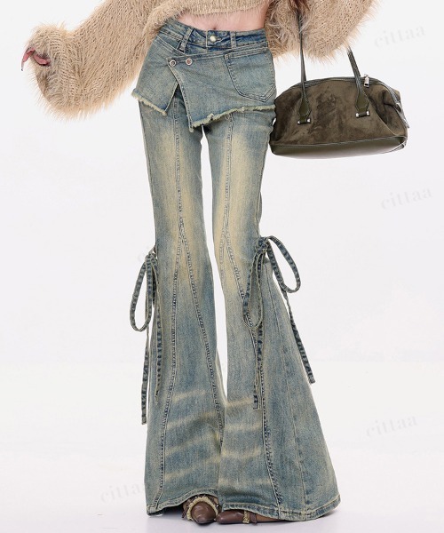 Dalfwin(ダールフィン)の「韓国ファッション リボンデザインレイヤードフレアデニムパンツ(デニムパンツ・レディース・ブルー/ブラック・LARGE/MEDIUM/SMALL)」の11枚目の写真