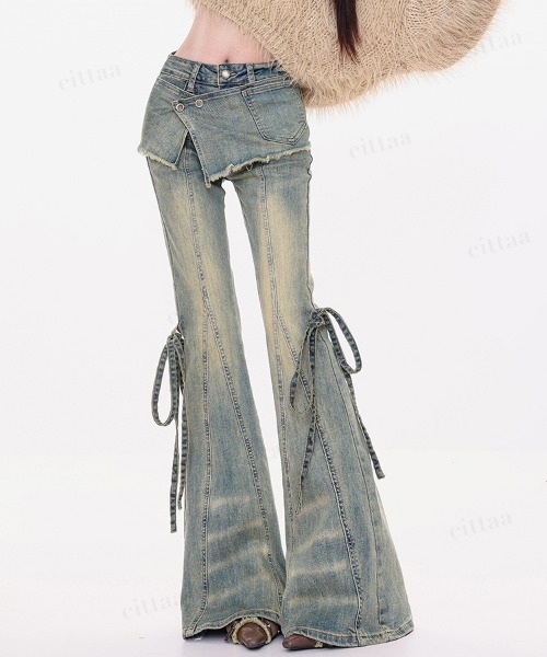 Dalfwin(ダールフィン)の「韓国ファッション リボンデザインレイヤードフレアデニムパンツ(デニムパンツ・レディース・ブルー/ブラック・LARGE/MEDIUM/SMALL)」の14枚目の写真