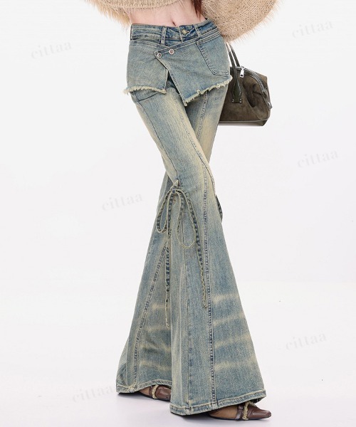 Dalfwin(ダールフィン)の「韓国ファッション リボンデザインレイヤードフレアデニムパンツ(デニムパンツ・レディース・ブルー/ブラック・LARGE/MEDIUM/SMALL)」の15枚目の写真