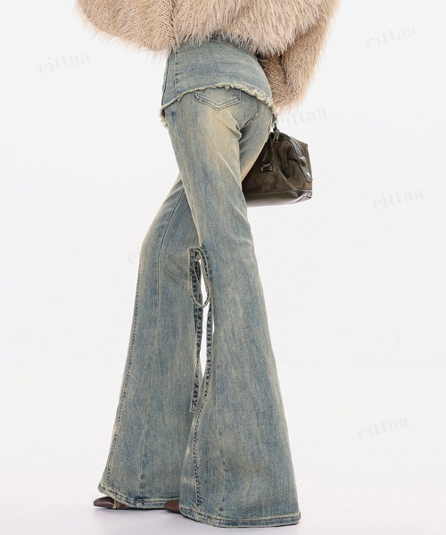 Dalfwin(ダールフィン)の「韓国ファッション リボンデザインレイヤードフレアデニムパンツ(デニムパンツ・レディース・ブルー/ブラック・LARGE/MEDIUM/SMALL)」の16枚目の写真