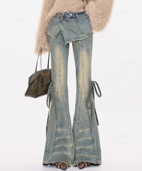 Dalfwin(ダールフィン)の「韓国ファッション リボンデザインレイヤードフレアデニムパンツ(デニムパンツ・レディース・ブルー/ブラック・LARGE/MEDIUM/SMALL)」の17枚目の写真