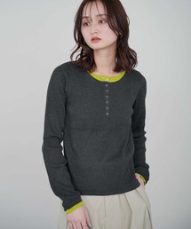 リブ編み 配色ヘンリープルオーバー 長袖 レイヤード風 リブニット リブトップス 着痩せ 細見え