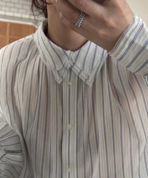 WILLFULLY(ウィルフリー)の「collar & cuffs triple layered over SH(シャツ/ブラウス・レディース・ストライプ/イエロー/セージグリーン・FREE)」の4枚目の写真